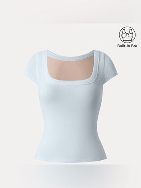 Stretch Cotton Square Neck Cap Sleeve Bra Top - Foam Blue